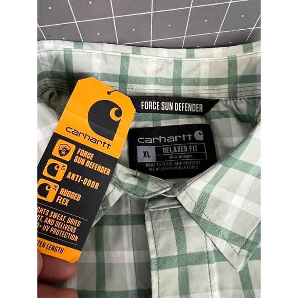 Carhartt Men's Force Sun Defender Rugged Flex Plaid Short Sleeve Shirt Green XL - Picture 4 of 9